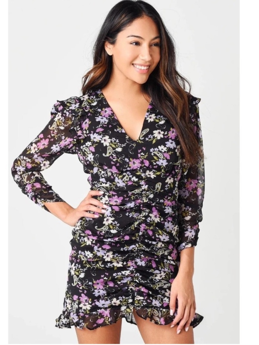ASTR the Label Kimbra Floral V-Neck Ruched Long-Sleeve Mini Dress - Purple